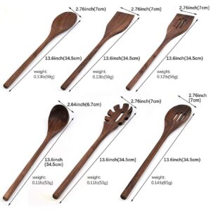 6 PCS Black Walnut Kitchen Utensils Set for Cooking, Natural Wooden Cooking Utensils,Wood Slotted Spoon Spatula Turner Set for Nonstick Cookware Pasta Fork Spaghetti Server Soup Ladle,A