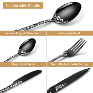 48-Piece Black Silverware Set with Steak Knife, Black Flatware Sets for 8, Stainless Steel Cutlery Set Includes Forks Knives Spoons,Unique Pattern Design，Mirror Polished and Dishwasher Safe