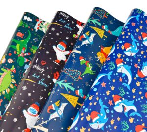 titiweet dinosaur shark animal christmas wrapping paper for kids - 12 sheets, 20 x 28 inches per sheet