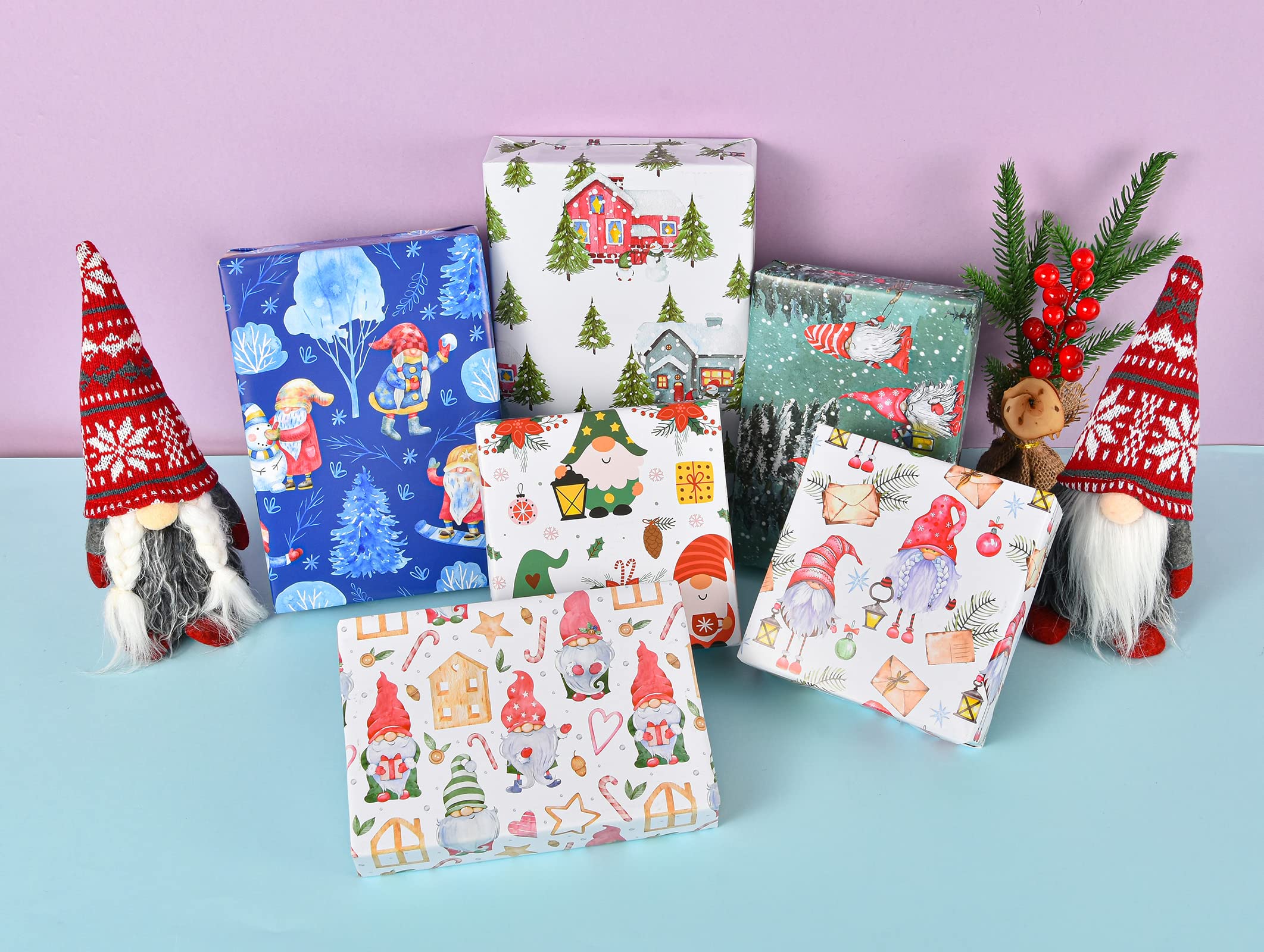 Titiweet Gnome Christmas Wrapping Paper - Christmas Wrapping Paper Clearance, 12 Sheets Cute Christmas Gonme Wrapping Paper for Men Women Boys Girls, 20 x 28 Inches Per Sheet