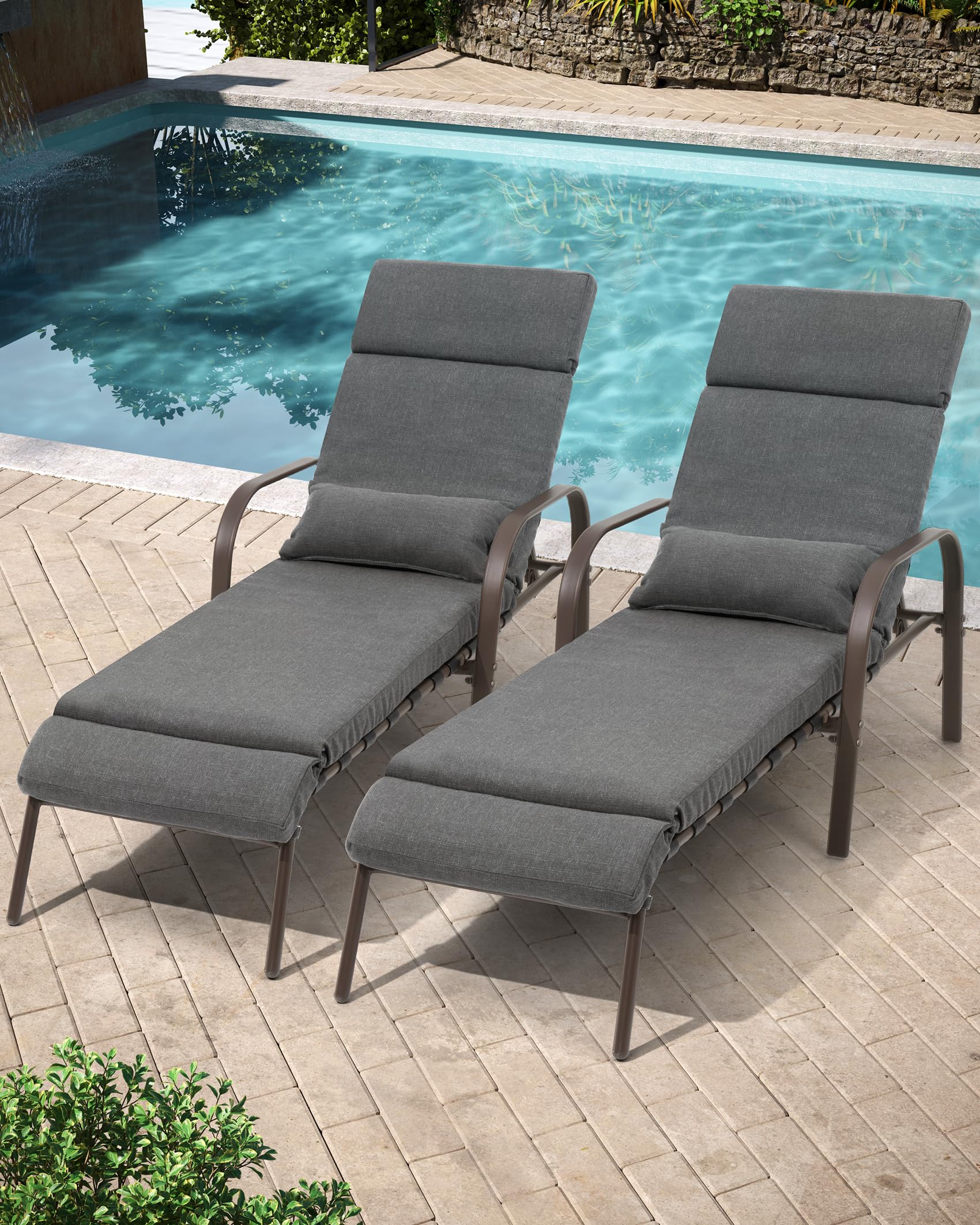 Pellebant Patio Chaise Lounge Chair with Cushion, Adjustable Lounge Chair with 5 Positions, Outdoor Recliners All Weather for Pool, Beach and Yard, 2 Pcs,Dark Grey