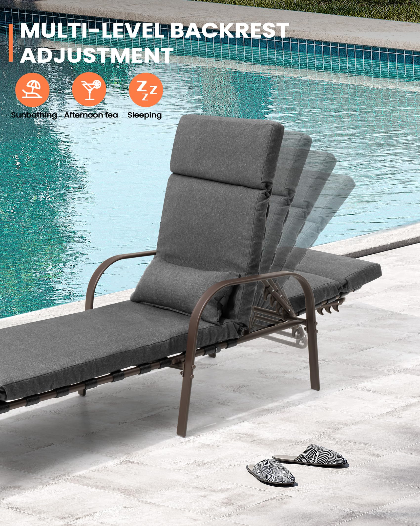 Pellebant Patio Chaise Lounge Chair with Cushion, Adjustable Lounge Chair with 5 Positions, Outdoor Recliners All Weather for Pool, Beach and Yard, 2 Pcs,Dark Grey