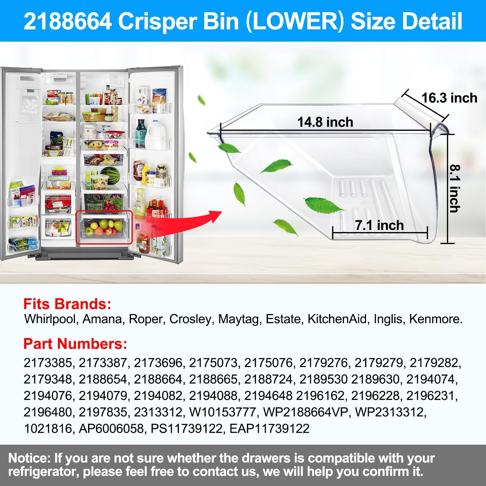 [2 Pack] Upgraded 2188656 Fridge Crisper Drawer (UPPER) & 2188664 Crisper Bin (LOWER) Replacement for Whirlpool Kenmore Refrigerator Drawers with Humidity Control,WP2188656 for Whirlpool Fridge Drawer