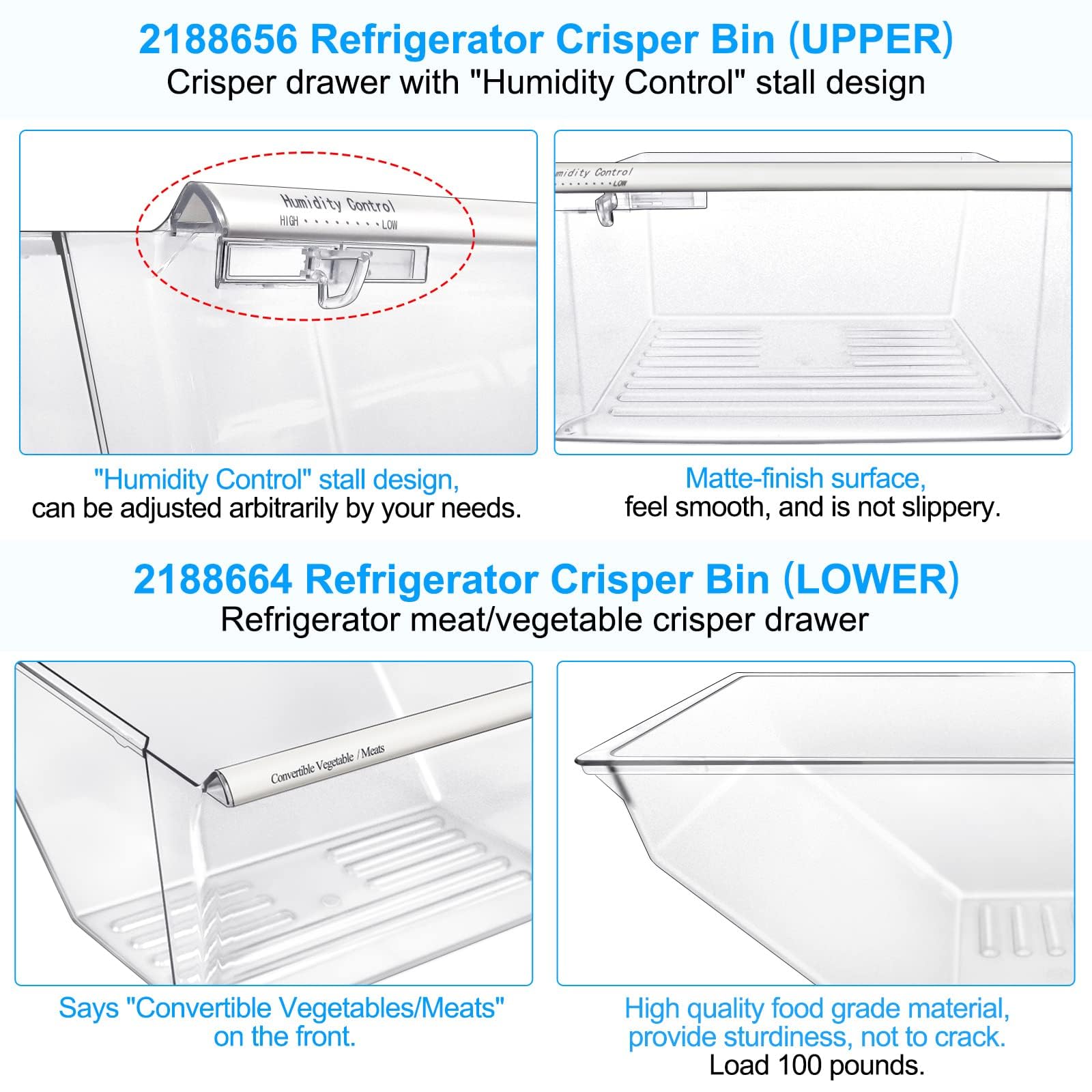 [2 Pack] Upgraded 2188656 Fridge Crisper Drawer (UPPER) & 2188664 Crisper Bin (LOWER) Replacement for Whirlpool Kenmore Refrigerator Drawers with Humidity Control,WP2188656 for Whirlpool Fridge Drawer