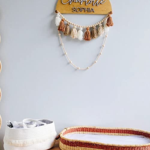 25" Boho Neutral Yarn Tassel Garland Banner with Wood Beads Wall Hanging Backdrop for Girls Nursery Baby Shower Birthday Classroom Home Decoration