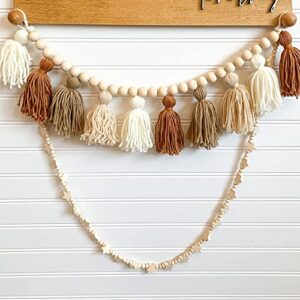 25" Boho Neutral Yarn Tassel Garland Banner with Wood Beads Wall Hanging Backdrop for Girls Nursery Baby Shower Birthday Classroom Home Decoration