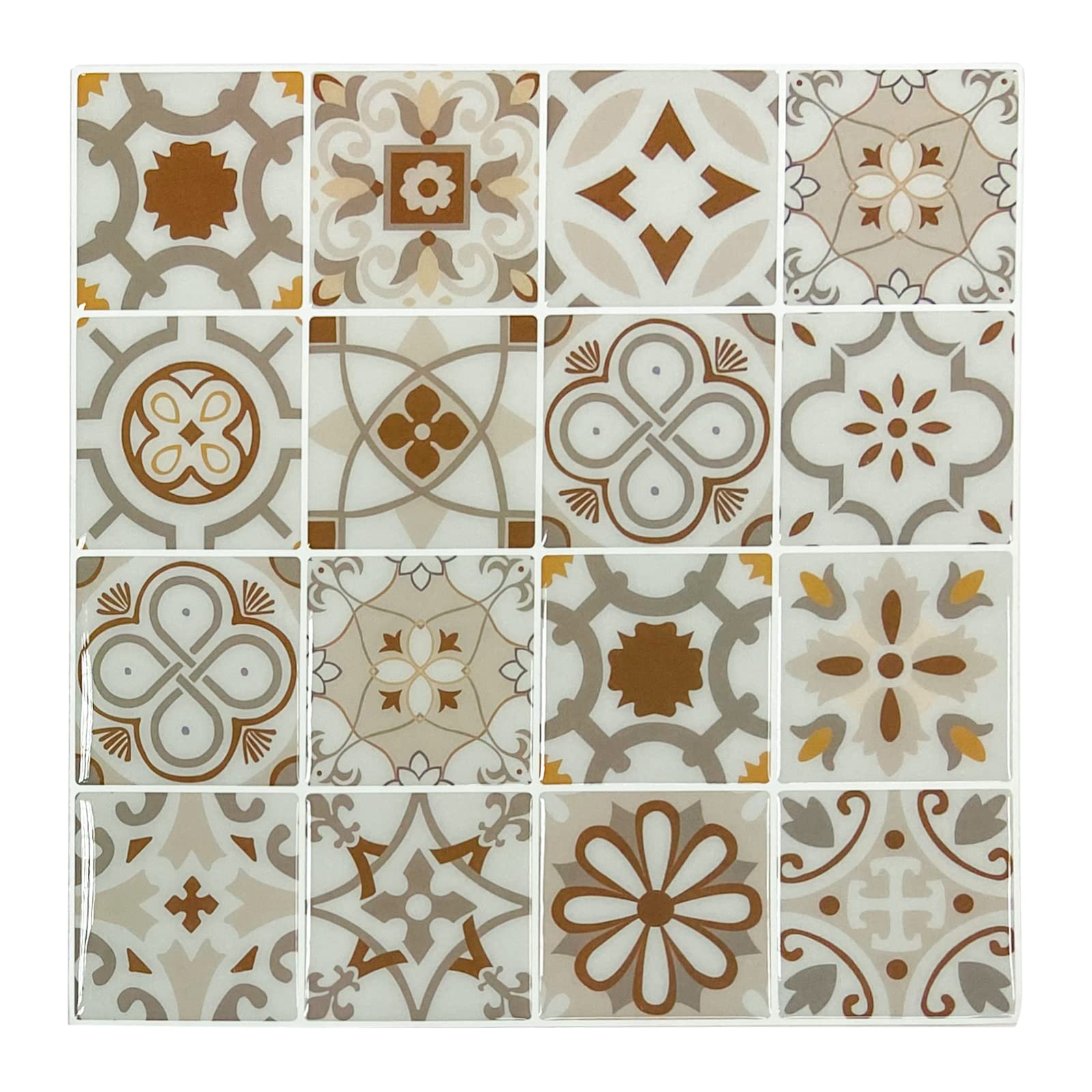 Miscasa Kitchen Peel and Stick Backsplash Tiles for Kitchen, Mediterranean Pattern Removable Waterproof for Wall Stickers, 10 Sheets (Brown)