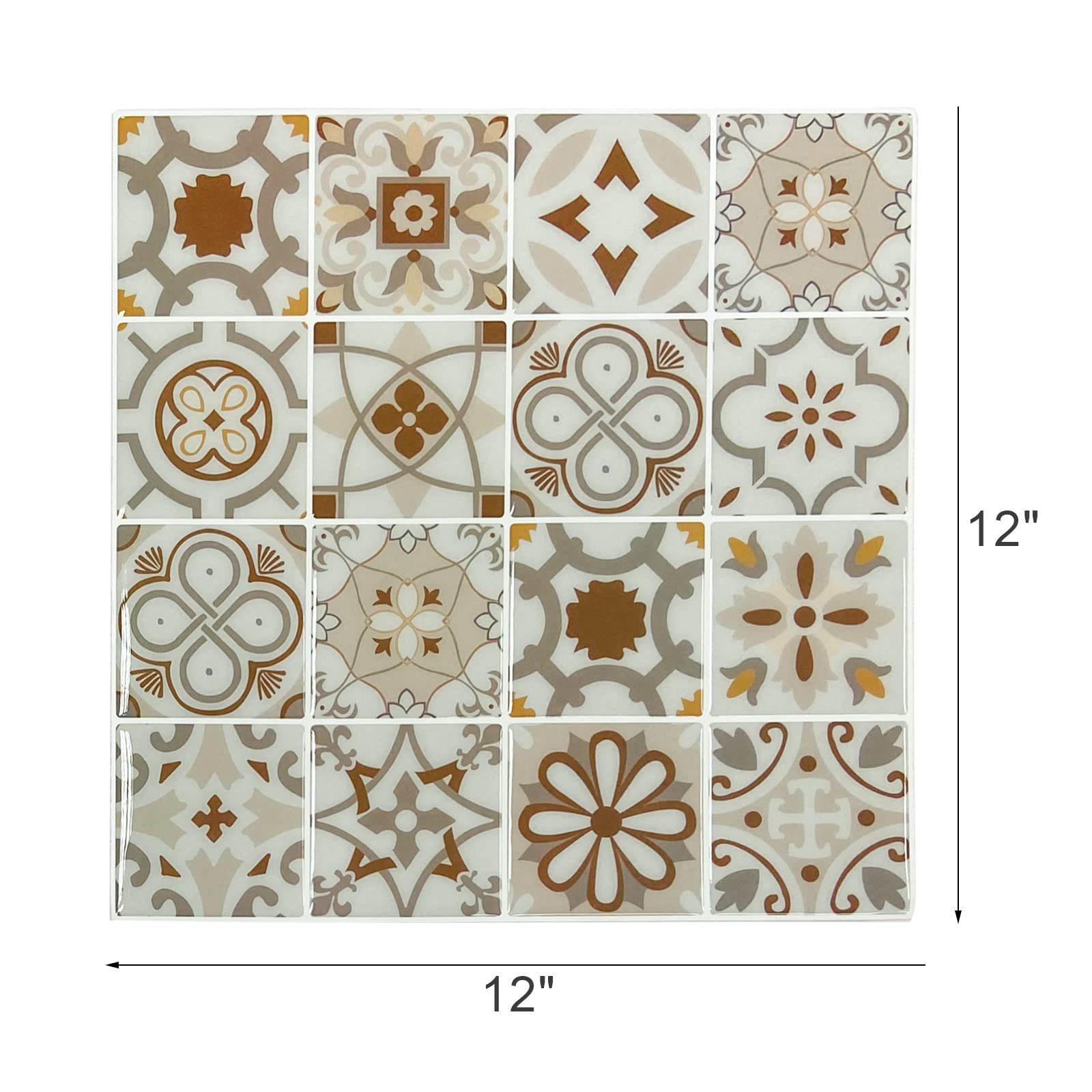 Miscasa Kitchen Peel and Stick Backsplash Tiles for Kitchen, Mediterranean Pattern Removable Waterproof for Wall Stickers, 10 Sheets (Brown)