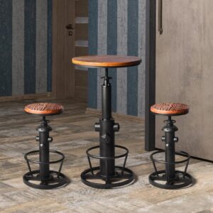 BOKKOLIK Vintage Bistro Table Height Adjustable 38.6-44.4inch Industrial Bar Table for Kitchen Dining Room Coffee House Pub Office Swivel Round Wooden Top for 2-3 People