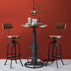 BOKKOLIK Vintage Bistro Table Height Adjustable 38.6-44.4inch Industrial Bar Table for Kitchen Dining Room Coffee House Pub Office Swivel Round Wooden Top for 2-3 People