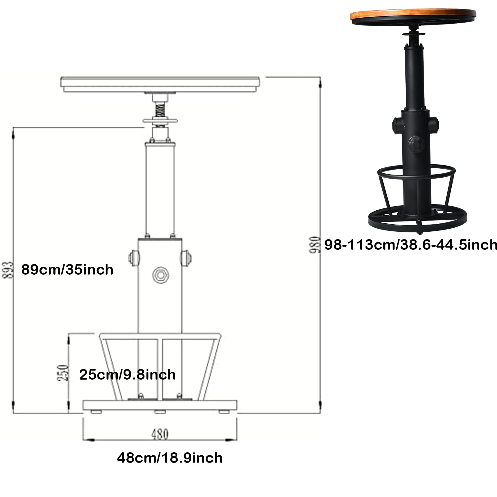 BOKKOLIK Vintage Bistro Table Height Adjustable 38.6-44.4inch Industrial Bar Table for Kitchen Dining Room Coffee House Pub Office Swivel Round Wooden Top for 2-3 People