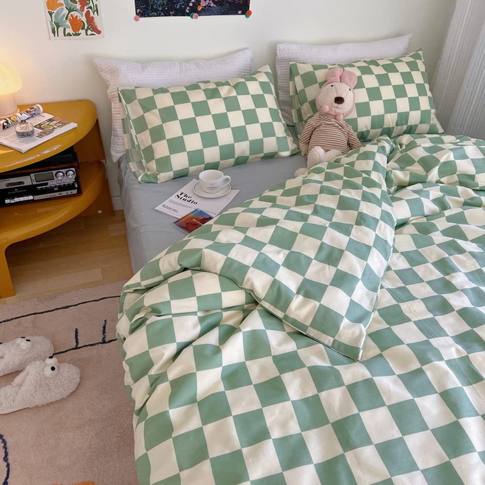 Wellboo Green White Plaid Comforter Sets Queen Women Men Sage Green Checkerboard Grid Bedding Comforters Cotton Boys Girls Modern Grass Green and White Checkered Geometric Quilts Luxury Abstract Bed