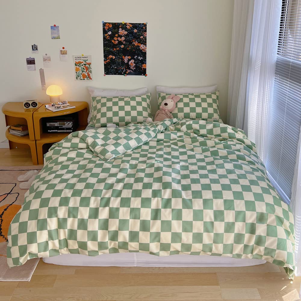 Wellboo Green White Plaid Comforter Sets Queen Women Men Sage Green Checkerboard Grid Bedding Comforters Cotton Boys Girls Modern Grass Green and White Checkered Geometric Quilts Luxury Abstract Bed