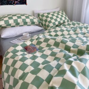 Wellboo Green White Plaid Comforter Sets Queen Women Men Sage Green Checkerboard Grid Bedding Comforters Cotton Boys Girls Modern Grass Green and White Checkered Geometric Quilts Luxury Abstract Bed