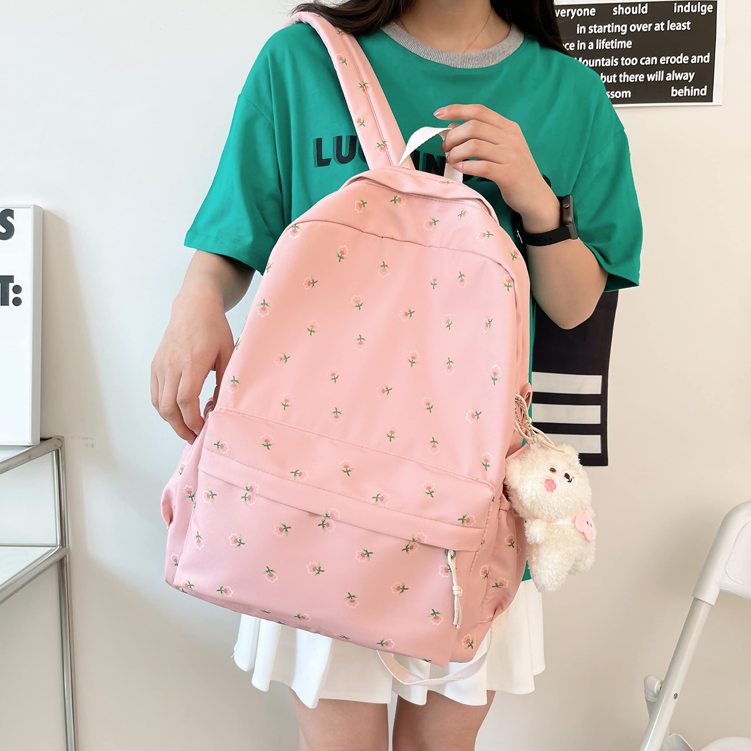 kakarin choyx Kawaii Backpack Mori Art Floral Backpack With Pendant 16.1 Inch Aesthetic Backpack Cute Backpack Classic Casual Computer Backpack (Pink)