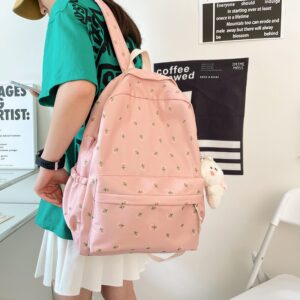 kakarin choyx Kawaii Backpack Mori Art Floral Backpack With Pendant 16.1 Inch Aesthetic Backpack Cute Backpack Classic Casual Computer Backpack (Pink)