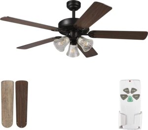 52 inch indoor ceiling fan with light and remote control, reversible blades and motor, 110v etl listed for living room, dining room, bedroom, basement, kitchen