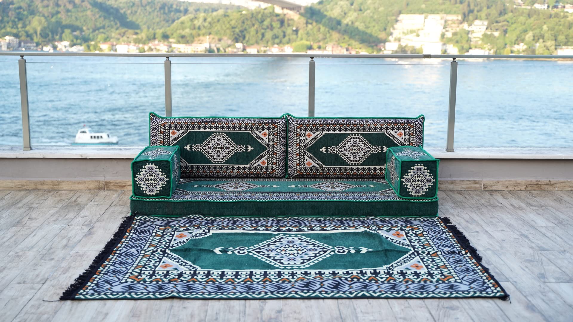 Green Floor Couch Set, Sectional Sofas, Arabic Floor Sofa Set, Yoga Meditation Mat, Futon Sofa Bed, Sofa Covers (Sofa + Rug, 4'' Thickness (10 cm))