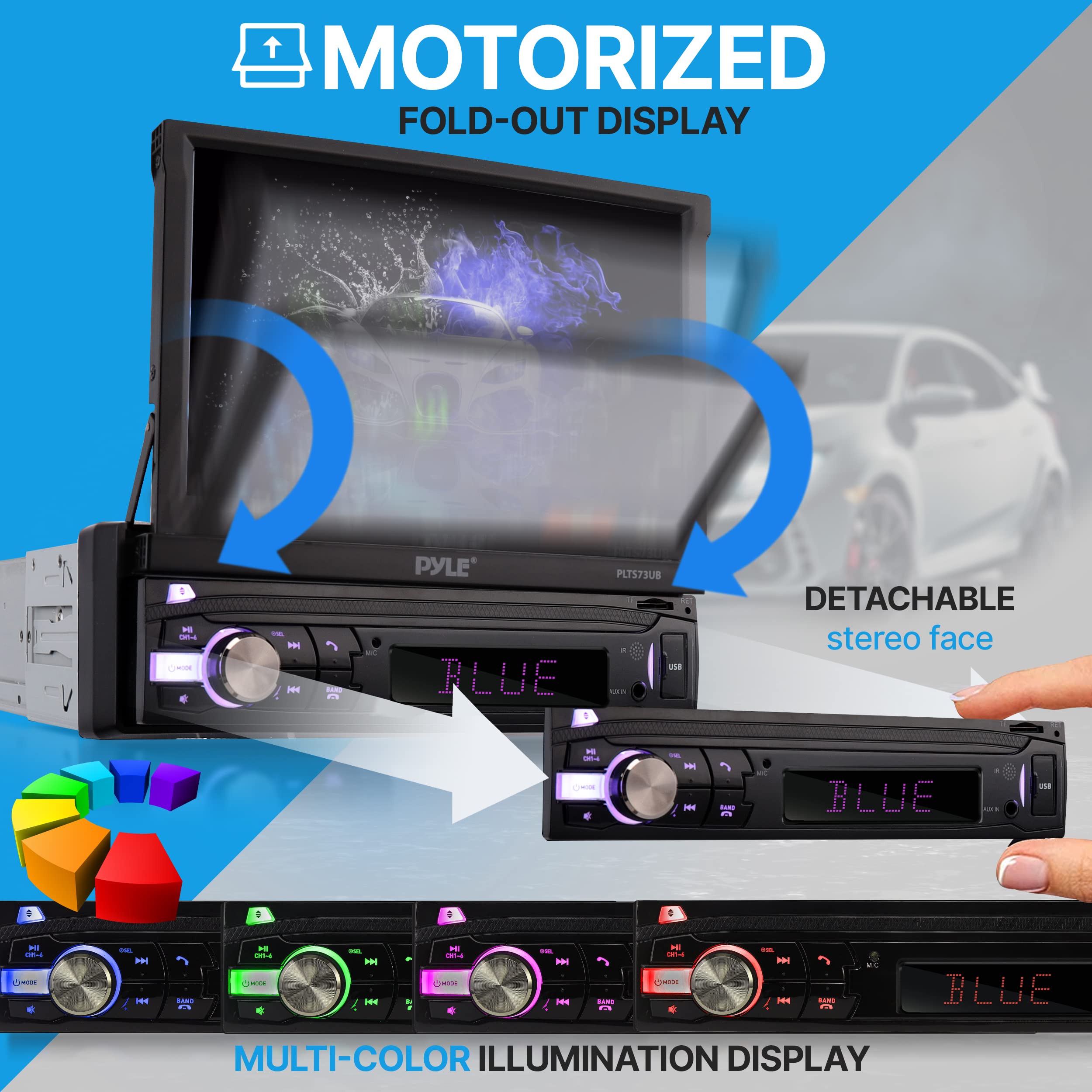 PyleUsa Car Stereo Video Receiver - Multimedia Player, BT Wireless Streaming, Hands-Free Talking, Motorized Fold-Out 7’’ Touchscreen Display, MP4/MP3/USB/SD/AM/FM Radio, Single DIN - PLTS73UB