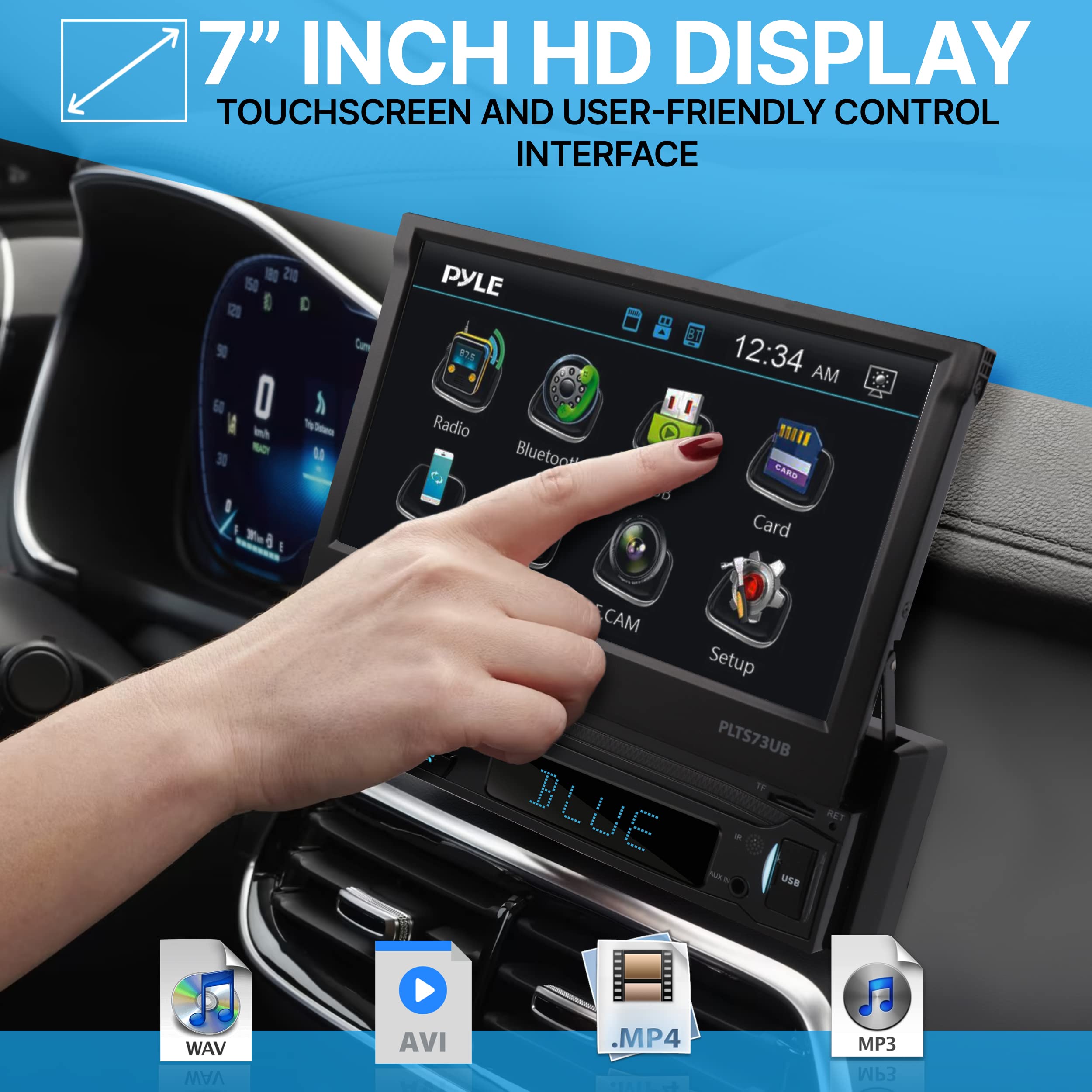 PyleUsa Car Stereo Video Receiver - Multimedia Player, BT Wireless Streaming, Hands-Free Talking, Motorized Fold-Out 7’’ Touchscreen Display, MP4/MP3/USB/SD/AM/FM Radio, Single DIN - PLTS73UB