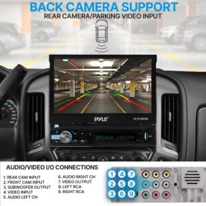 PyleUsa Car Stereo Video Receiver - Multimedia Player, BT Wireless Streaming, Hands-Free Talking, Motorized Fold-Out 7’’ Touchscreen Display, MP4/MP3/USB/SD/AM/FM Radio, Single DIN - PLTS73UB