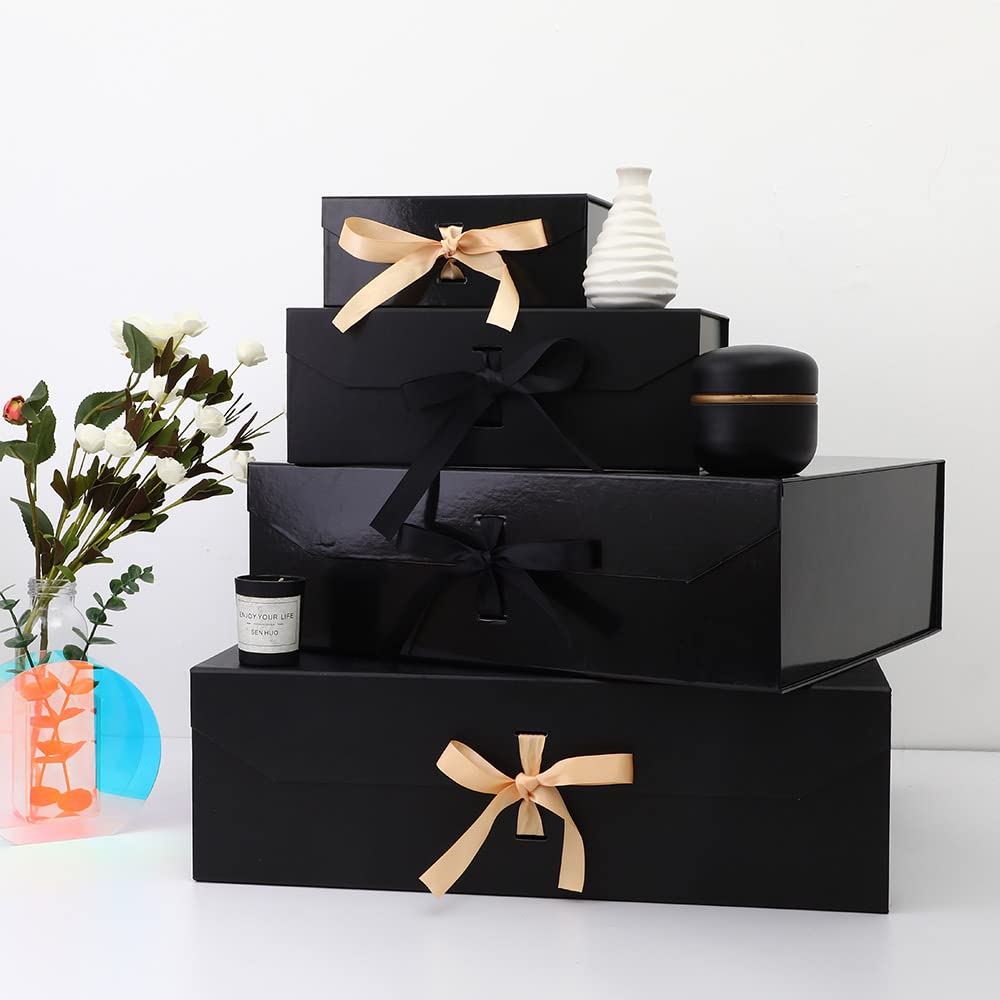 Black Large Gift Box 13x11x5.3 Inches, Gift Box with Ribbon, Gift Wrap Box with Lid Magnetic Closure, Christmas Gift Box, Rectangle Collapsible Gift Boxes for Men Shoes (Glossy Black)