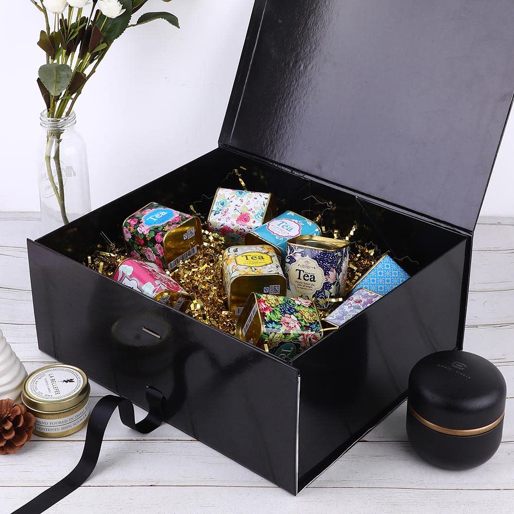 Black Large Gift Box 13x11x5.3 Inches, Gift Box with Ribbon, Gift Wrap Box with Lid Magnetic Closure, Christmas Gift Box, Rectangle Collapsible Gift Boxes for Men Shoes (Glossy Black)