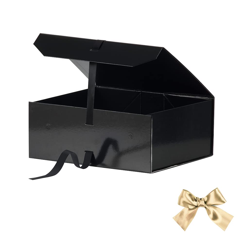 Black Large Gift Box 13x11x5.3 Inches, Gift Box with Ribbon, Gift Wrap Box with Lid Magnetic Closure, Christmas Gift Box, Rectangle Collapsible Gift Boxes for Men Shoes (Glossy Black)