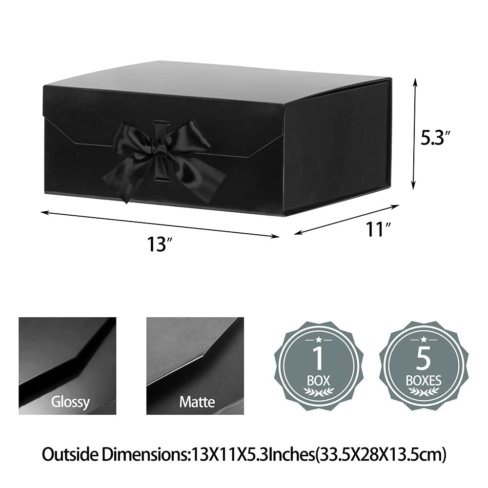 Black Large Gift Box 13x11x5.3 Inches, Gift Box with Ribbon, Gift Wrap Box with Lid Magnetic Closure, Christmas Gift Box, Rectangle Collapsible Gift Boxes for Men Shoes (Glossy Black)