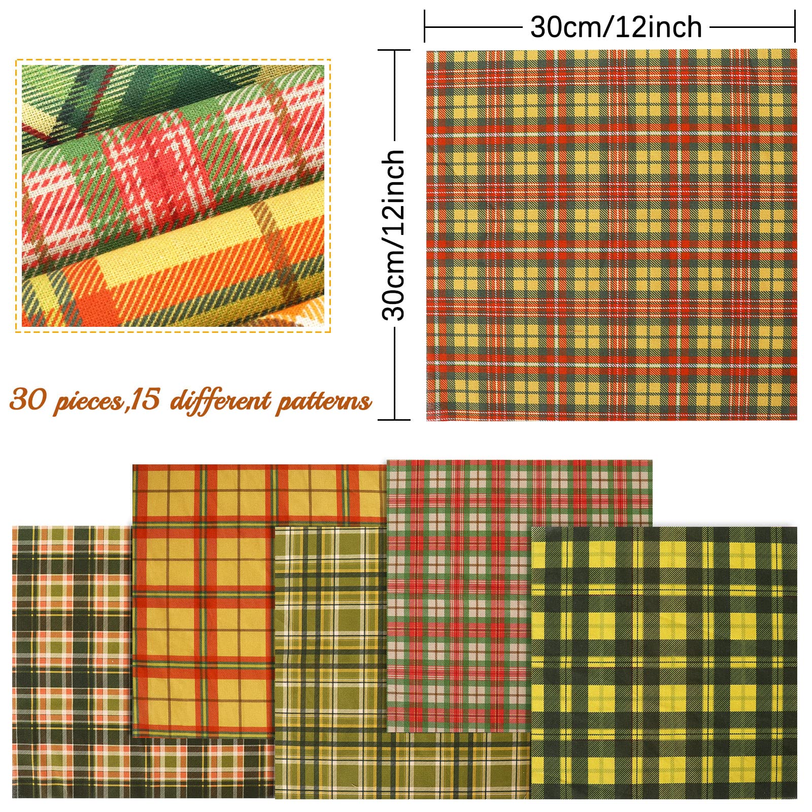 Whaline 30Pcs Cotton Autumn Fat Quarters Fabric 15 Design Fall Spice Plaids Fabric Squares 12 x 12 Inch Quilting Fabric Patchwork Precut Quilt Charm Squares for Harvest Thanksgiving DIY Crafts Sewing