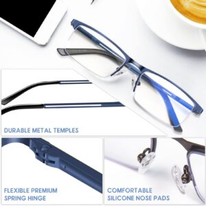 KONHAGO Blue Light Blocking Reading Glasses for Men, Half Frame Metal Readers Spring Hinge Eyeglasses Anti Eyestrain/Glare/UV