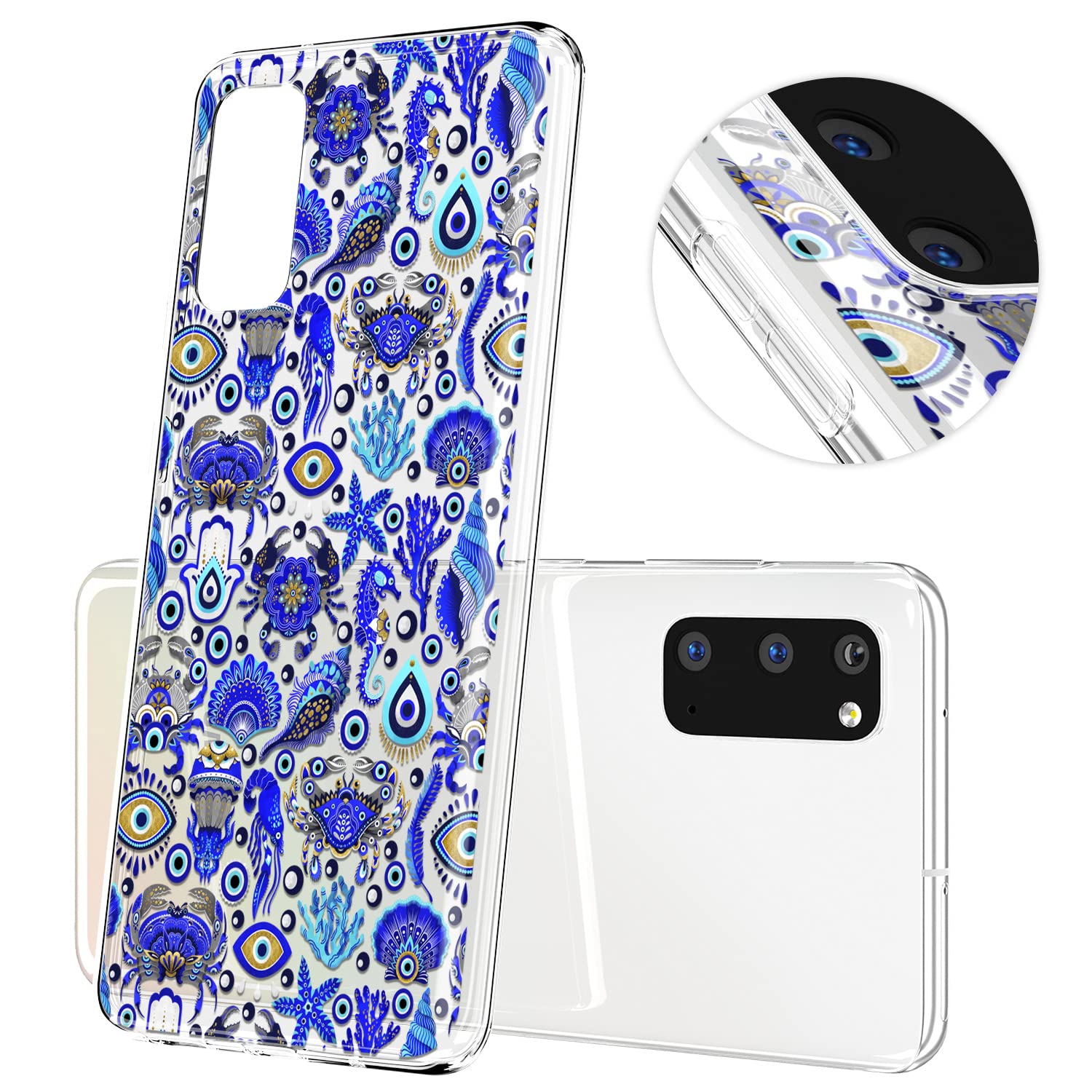 Cavka Phone Case Compatible with Samsung Galaxy A73 A72 5G A71 A54 A52 A42 A34 A32 A14 A11 Blue Evil Eye Bumper Silicone Beach Crab Aesthetic Boho Transparent Lightweight Clear Shockproof TPU Fancy