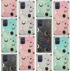 Cavka Phone Case Compatible with Samsung Galaxy A73 A72 5G A71 A54 A52 A42 A34 A32 A14 A11 Bumper Celestial Magic TPU Crescent Moon Protective Slim Aesthetic Lightweight Clear Space Stars Shockproof