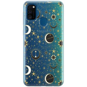 Cavka Phone Case Compatible with Samsung Galaxy A73 A72 5G A71 A54 A52 A42 A34 A32 A14 A11 Bumper Celestial Magic TPU Crescent Moon Protective Slim Aesthetic Lightweight Clear Space Stars Shockproof