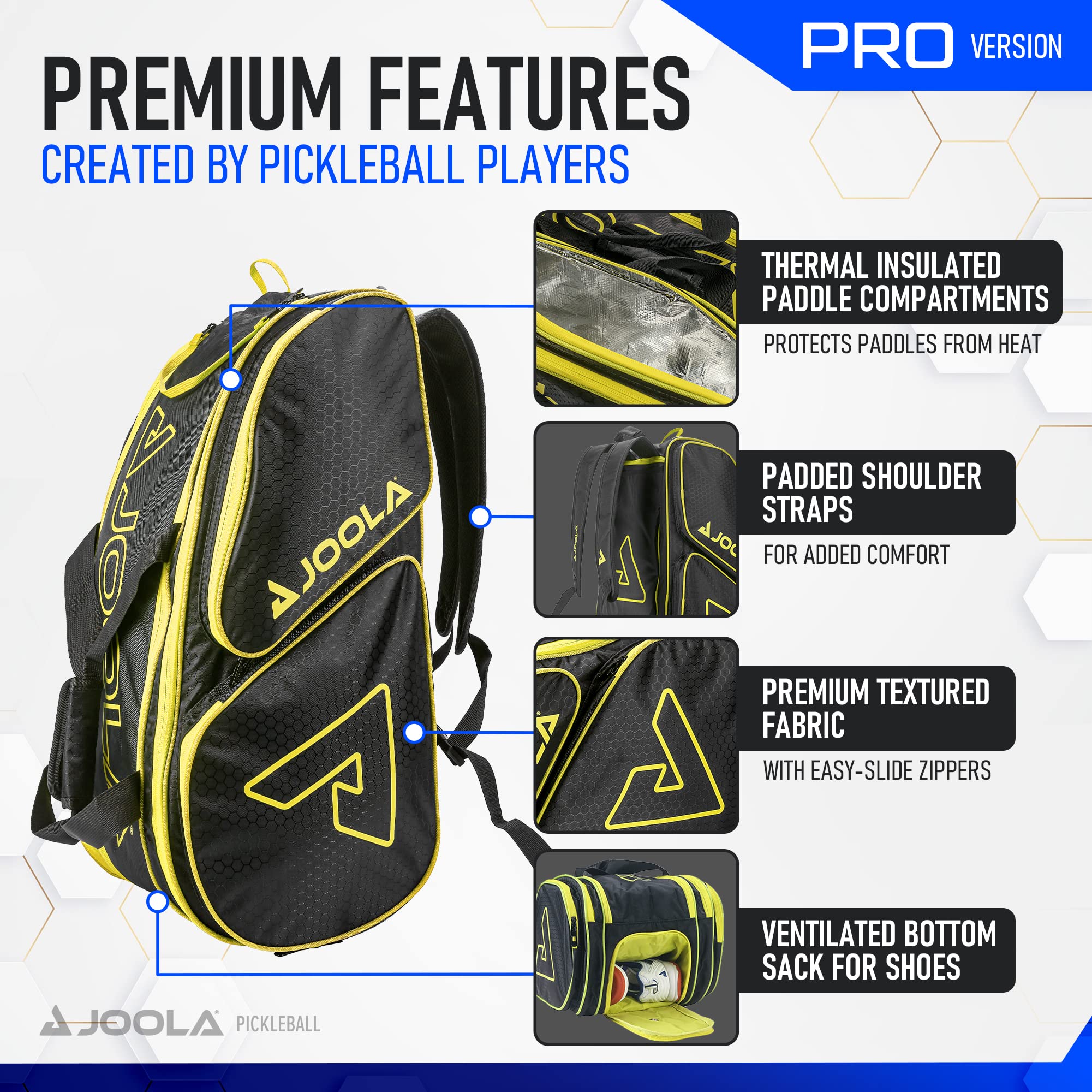 JOOLA Tour Elite Pro Pickleball Bag – Backpack & Duffle Bag for Paddles & Pickleball Accessories – Thermal Insulated Pockets Hold 4+ Paddles - Includes Fence Hook Black/Yellow