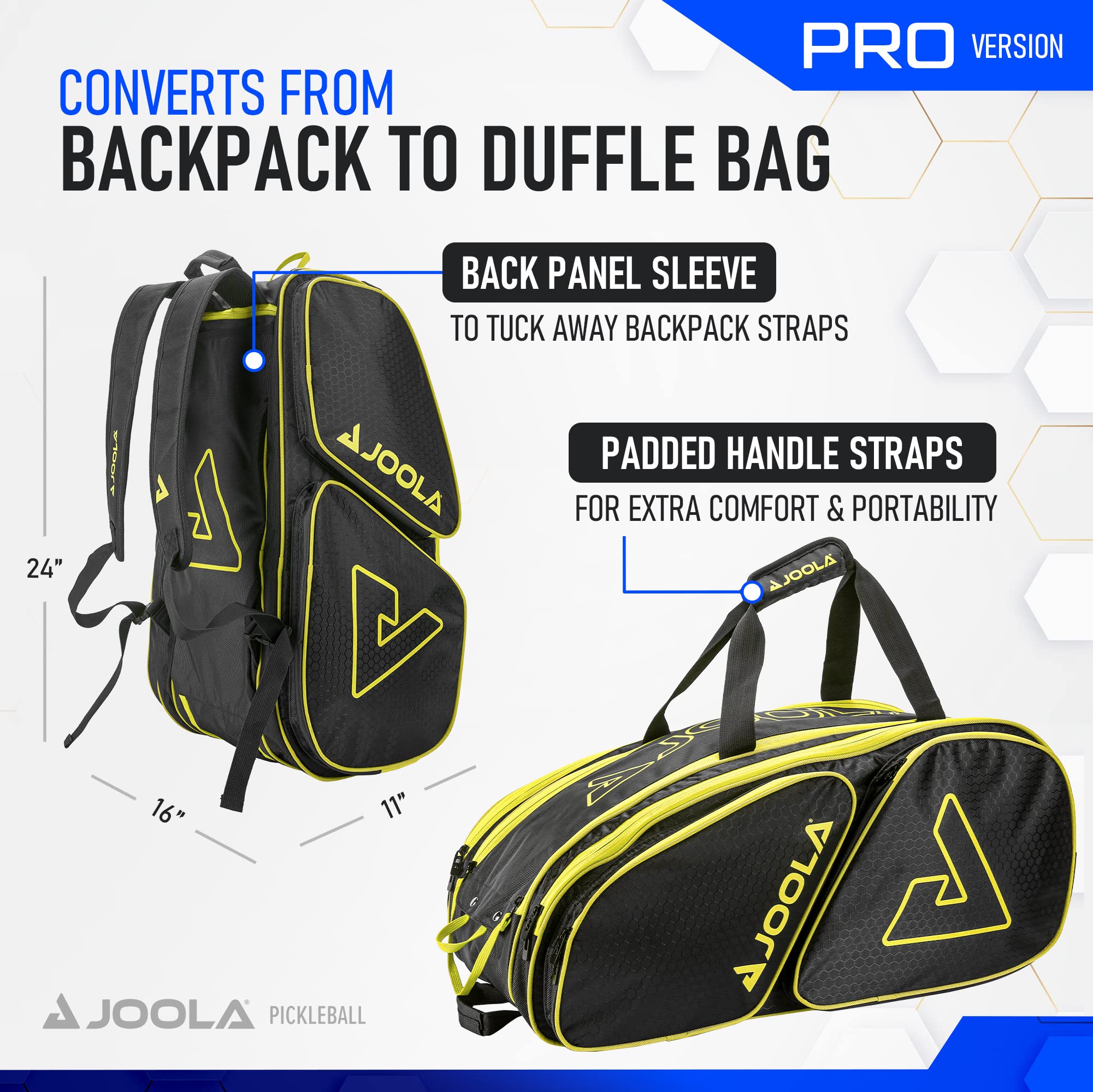 JOOLA Tour Elite Pro Pickleball Bag – Backpack & Duffle Bag for Paddles & Pickleball Accessories – Thermal Insulated Pockets Hold 4+ Paddles - Includes Fence Hook Black/Yellow