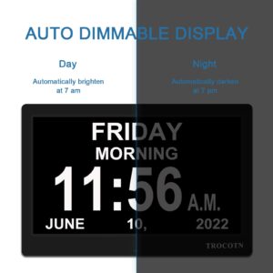 TROCOTN 10 Inches Calendar Clock Dementia Clock Large Display Alarm Clock with Auto DST for Seniors, 5 Display Modes Large Font Digital Clock with Custom Alarms Day Date Clock Wall Clock(Black)