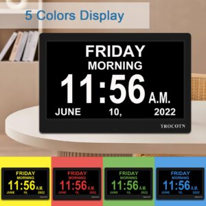 TROCOTN 10 Inches Calendar Clock Dementia Clock Large Display Alarm Clock with Auto DST for Seniors, 5 Display Modes Large Font Digital Clock with Custom Alarms Day Date Clock Wall Clock(Black)