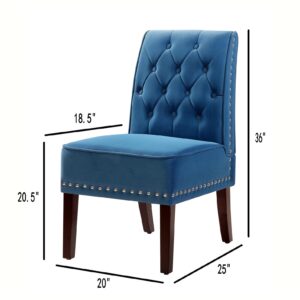 Blue Velvet Dining Chairs, DRM'SCUUM Comfy Dining Room Chairs, Soft Blue Velvet with Fabric Buttons and Nails, Rubber Wood Legs, for Kitchen, Home and Coffee Decor Accents