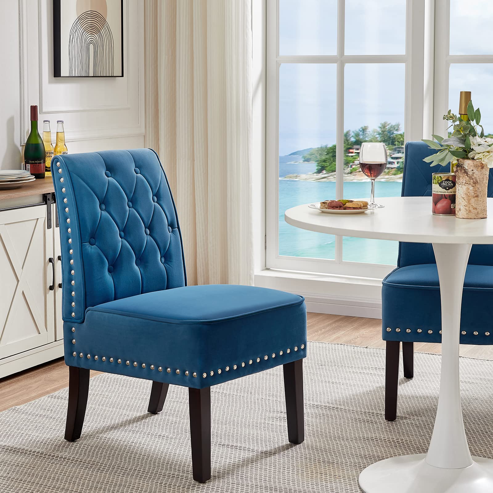 Blue Velvet Dining Chairs, DRM'SCUUM Comfy Dining Room Chairs, Soft Blue Velvet with Fabric Buttons and Nails, Rubber Wood Legs, for Kitchen, Home and Coffee Decor Accents