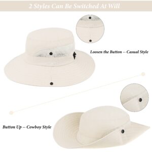 Womens Summer Quick-Dry-Sun-Hat Outdoor - Mesh Wide Brim UV-Protection Beach Fishing Hat with Ponytail Hole Foldable Beige