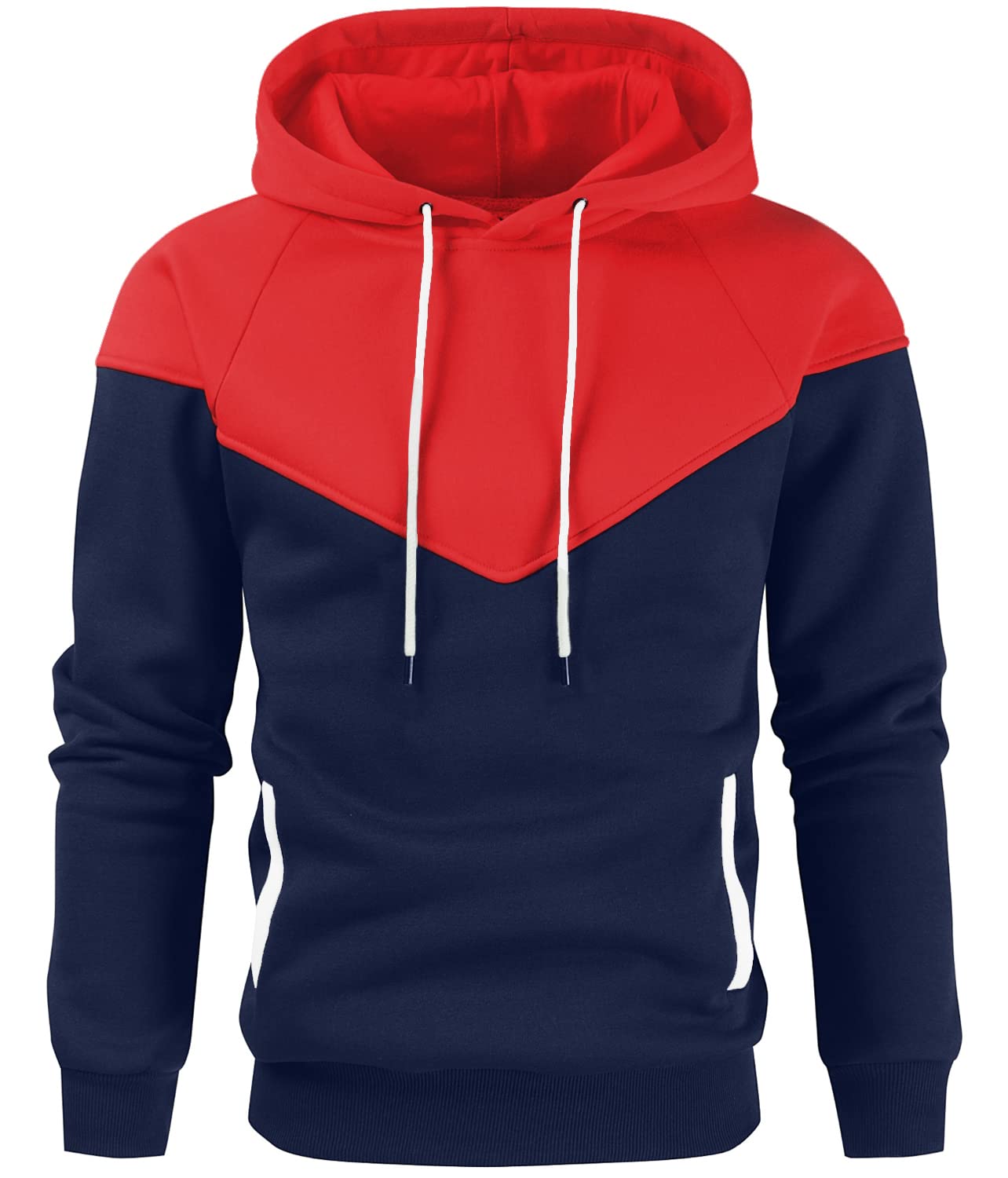 Niceif Men's Midweight Fleece Pullover Hoodies Casual Color Block Hooded Sweatshirt with Pockets, Red Navy M