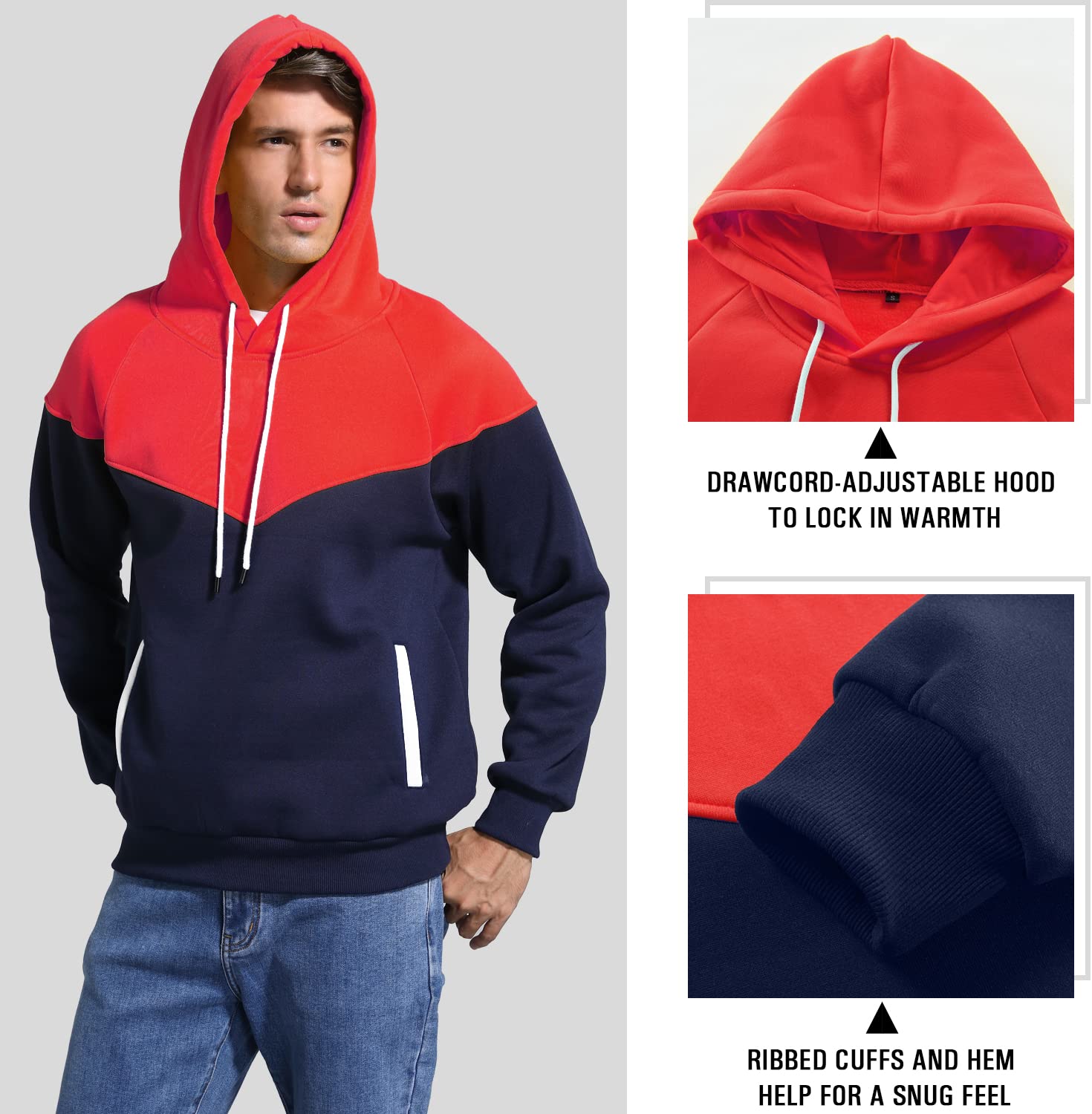 Niceif Men's Midweight Fleece Pullover Hoodies Casual Color Block Hooded Sweatshirt with Pockets, Red Navy M