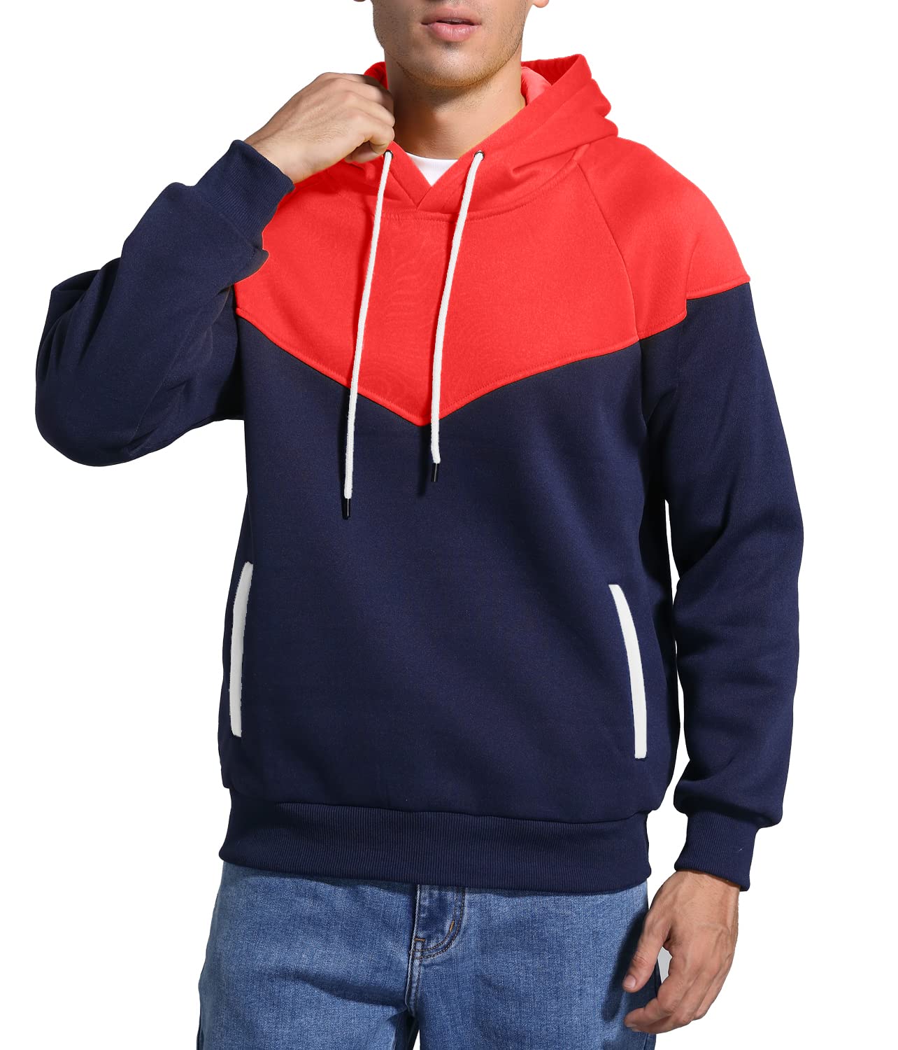 Niceif Men's Midweight Fleece Pullover Hoodies Casual Color Block Hooded Sweatshirt with Pockets, Red Navy M