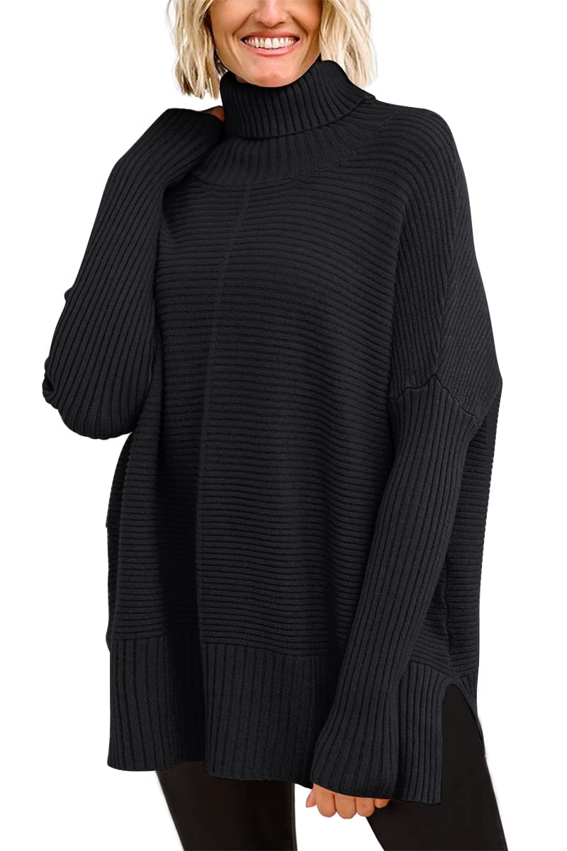 EFAN Black Oversized Turtleneck Sweaters Dress for Women Clothes Trendy Rib Pullover Sweater Long Tunic Sweaters Knit Tops