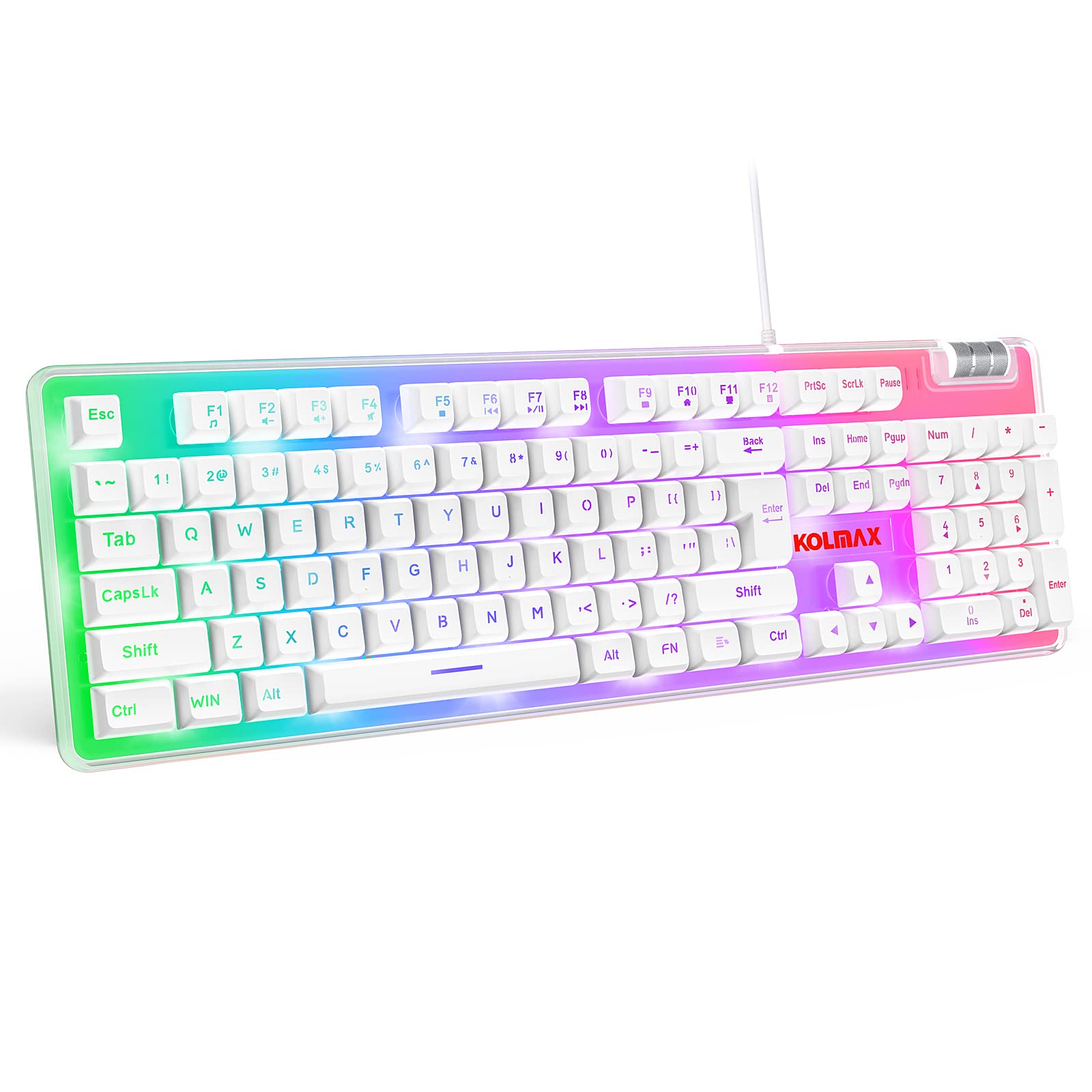 K10 RGB Gaming Keyboard,Transparent Case RGB Backlit Keyboard with PBT Keycap,Ergonomic Wired White Keyboard with Mechanical Feel 104 Key keyboard with Scroll Wheel for PC PS4 Xbox Mac Gaming Office