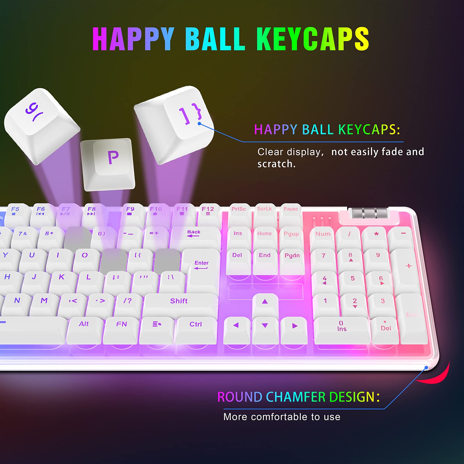 K10 RGB Gaming Keyboard,Transparent Case RGB Backlit Keyboard with PBT Keycap,Ergonomic Wired White Keyboard with Mechanical Feel 104 Key keyboard with Scroll Wheel for PC PS4 Xbox Mac Gaming Office