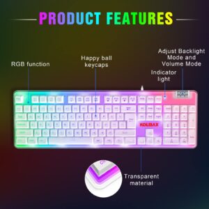 K10 RGB Gaming Keyboard,Transparent Case RGB Backlit Keyboard with PBT Keycap,Ergonomic Wired White Keyboard with Mechanical Feel 104 Key keyboard with Scroll Wheel for PC PS4 Xbox Mac Gaming Office