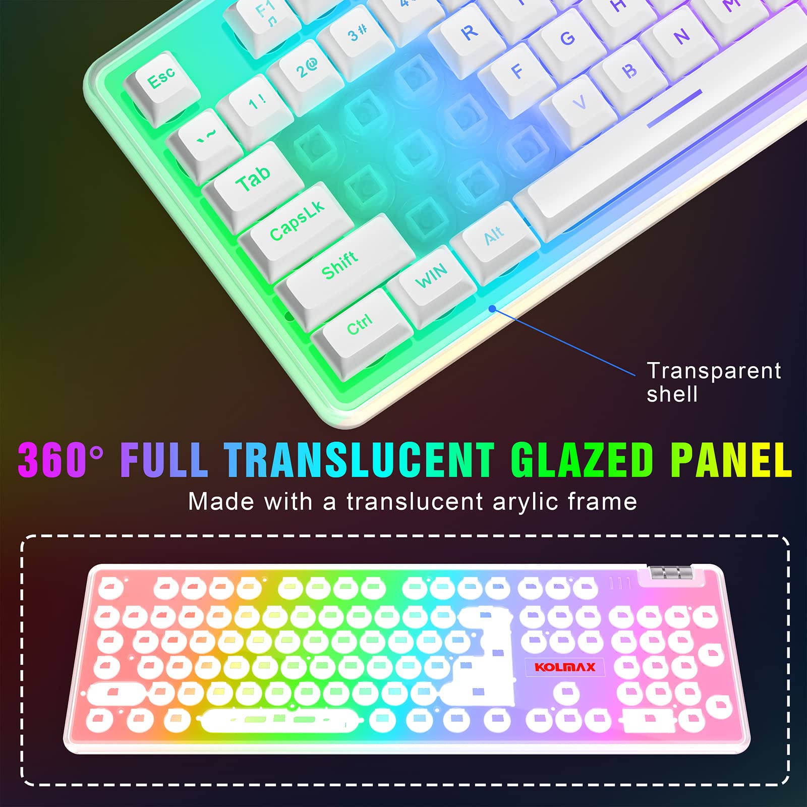 K10 RGB Gaming Keyboard,Transparent Case RGB Backlit Keyboard with PBT Keycap,Ergonomic Wired White Keyboard with Mechanical Feel 104 Key keyboard with Scroll Wheel for PC PS4 Xbox Mac Gaming Office