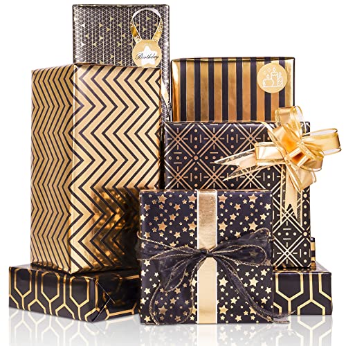 Larcenciel Gift Wrapping Paper Set, 6 Sheets Metallic Black Gold Foil Wrapping Paper w/Gift Bow & Sticker, Shiny Luxury Men Boys Gift Wraps for Birthday, Holiday, Graduation, Baby Shower, 27.5x19.6in